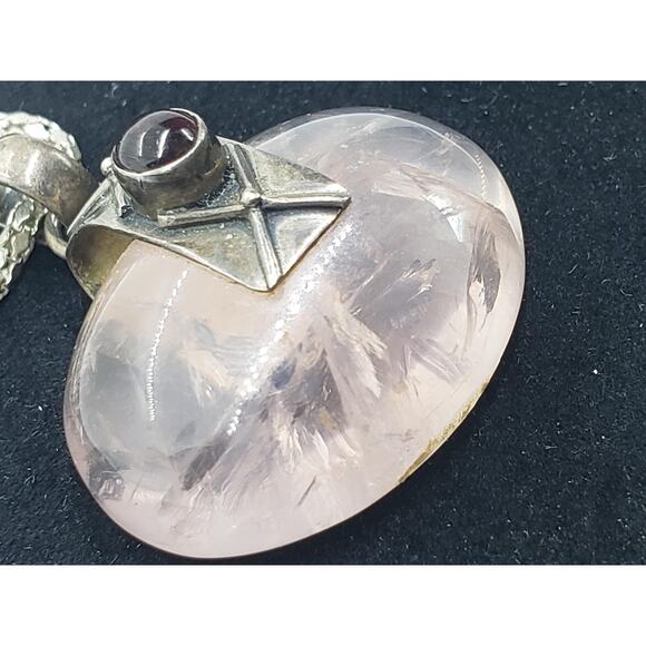 Sterling Silver 925 Rose Quartz & Garnet Cabochon Necklace On Snake Chain - Picture 10 of 13